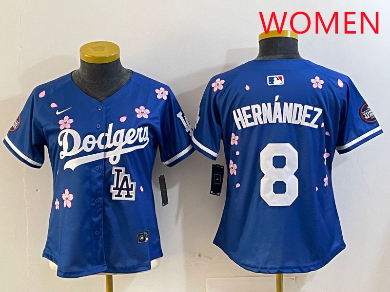 Women Los Angeles Dodgers 8 Hernandez Blue Sakura Edition 2025 Nike MLB Jersey style 1